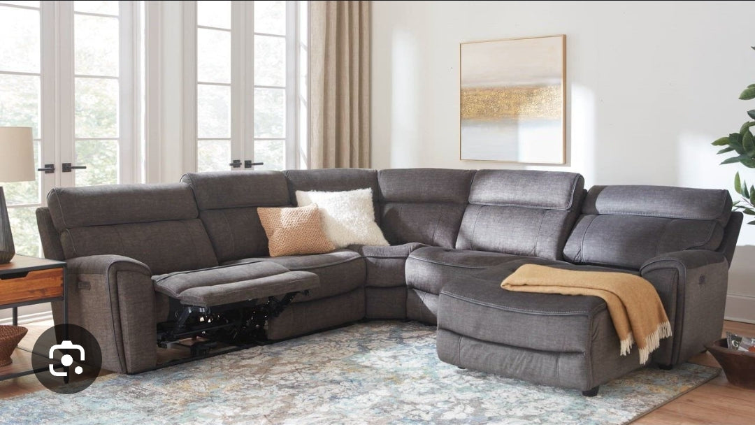 Hutchenson 5-Pc. Fabric Chaise Sectional with 2 Power Recliners (Moss)