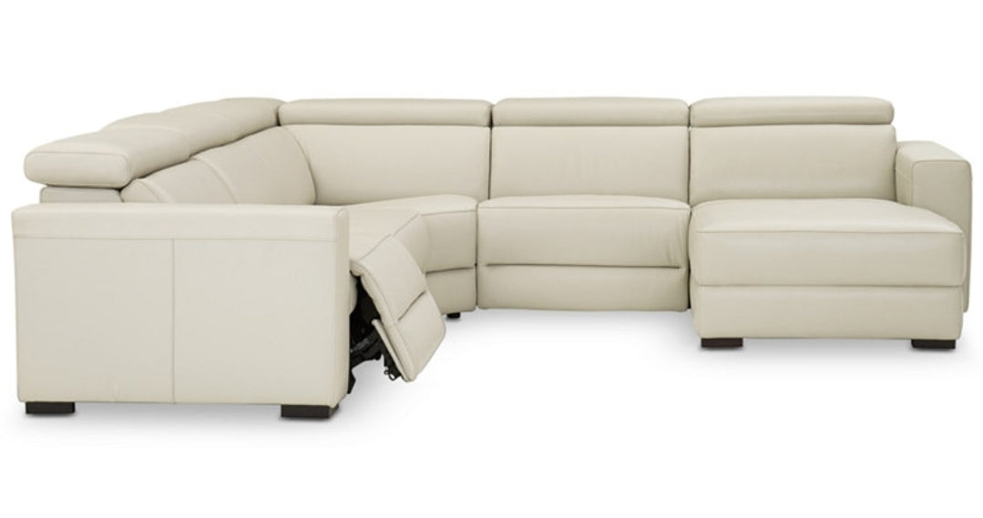 Nevio Leather Power Reclining Sectional Sofa with Articulating Headrests (Argento Stone Ivory)