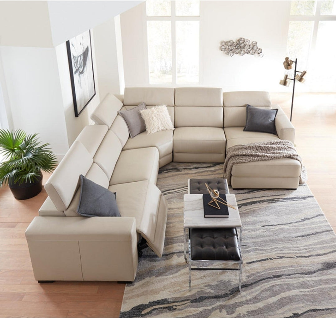 Nevio Leather Power Reclining Sectional Sofa with Articulating Headrests (Argento Stone Ivory)