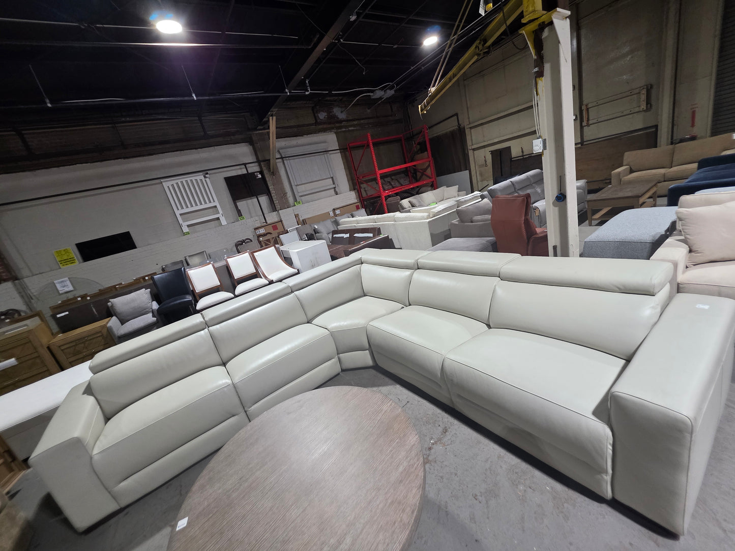 Nevio 5-Pc. Leather "L" Shaped Sectional with 3 Power Recliners with Articulating Headrests, Argento Stone Ivory