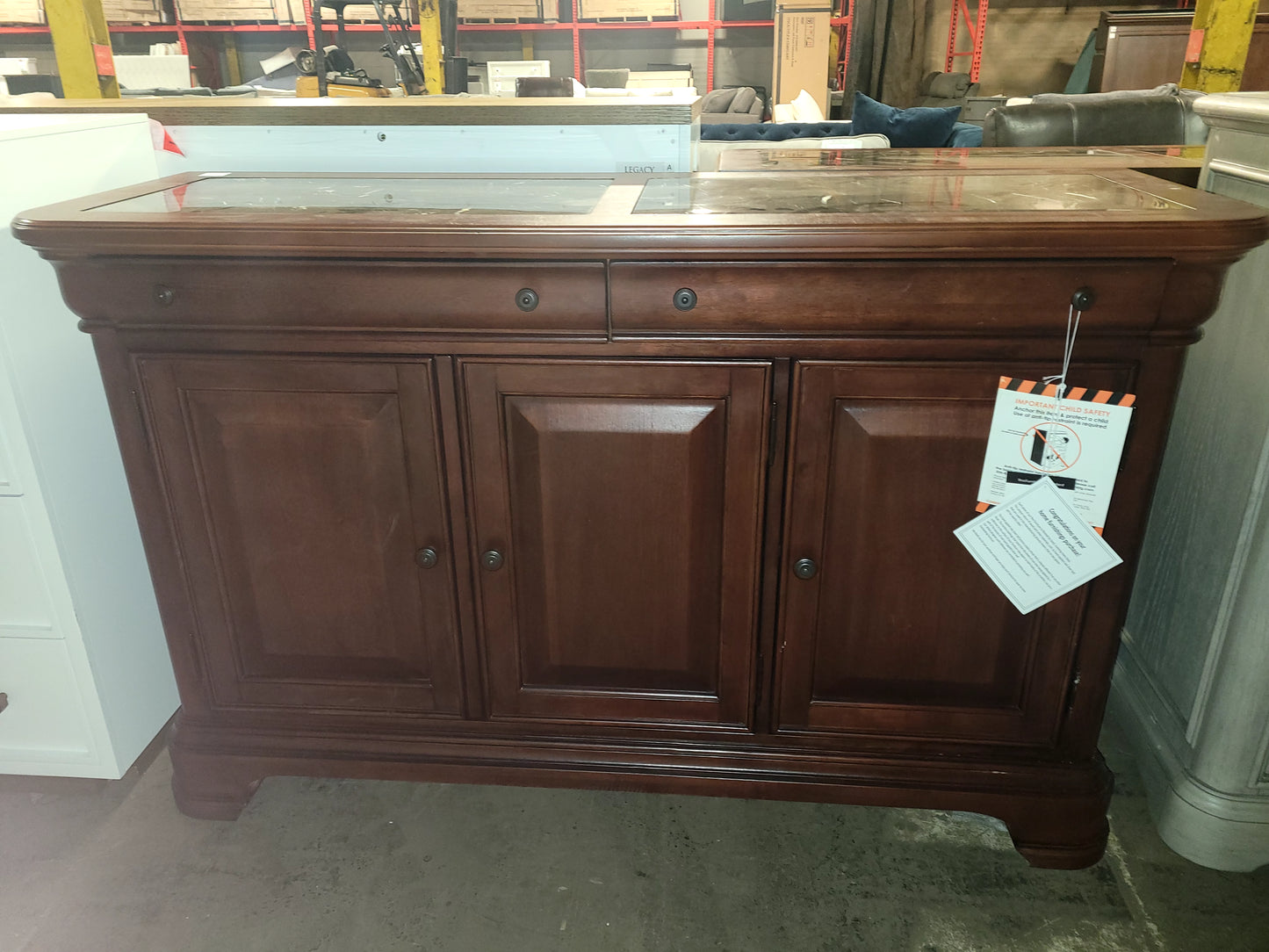 Evolution 2 Drawer 3 Door Credenza with Marble Top in Rich Auburn Finish Wood