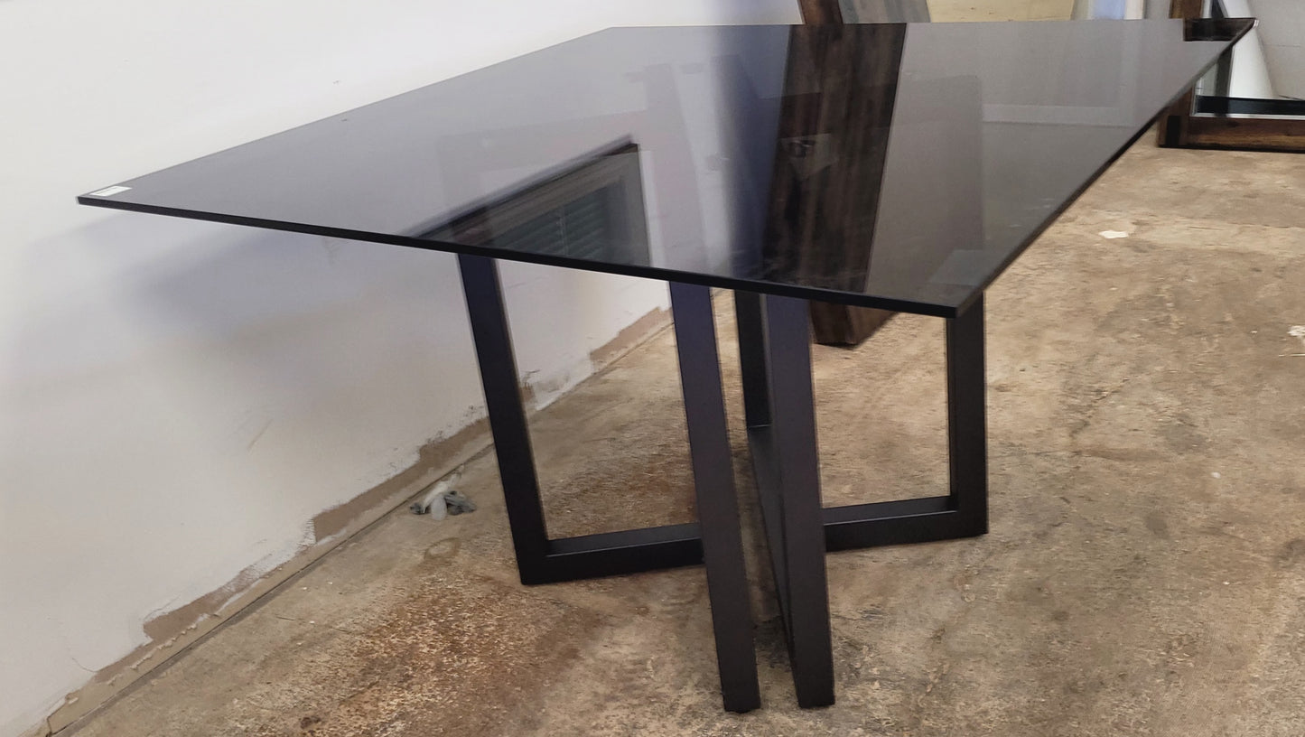 Emila 48" Square Glass Dining Table (smoked glass w/ blk base)