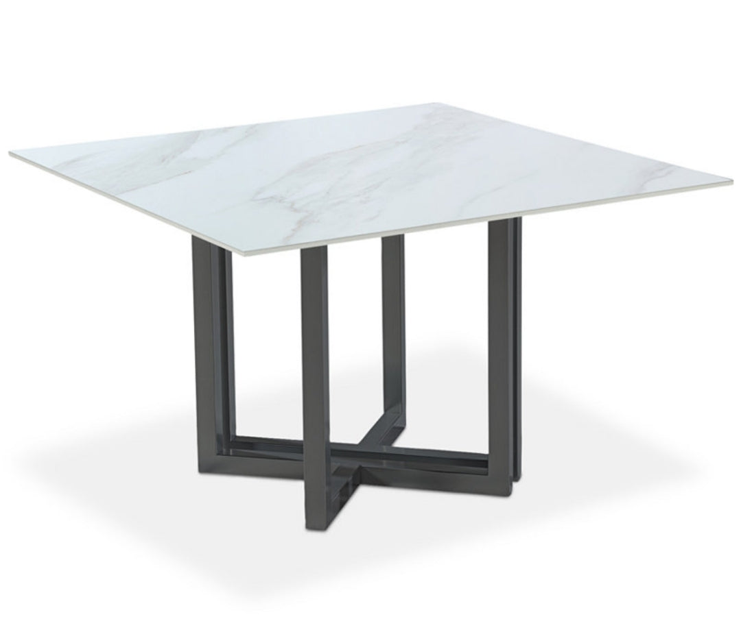 Emila 48" Square Sintered Stone Dining Table (White stone w/ blk base)