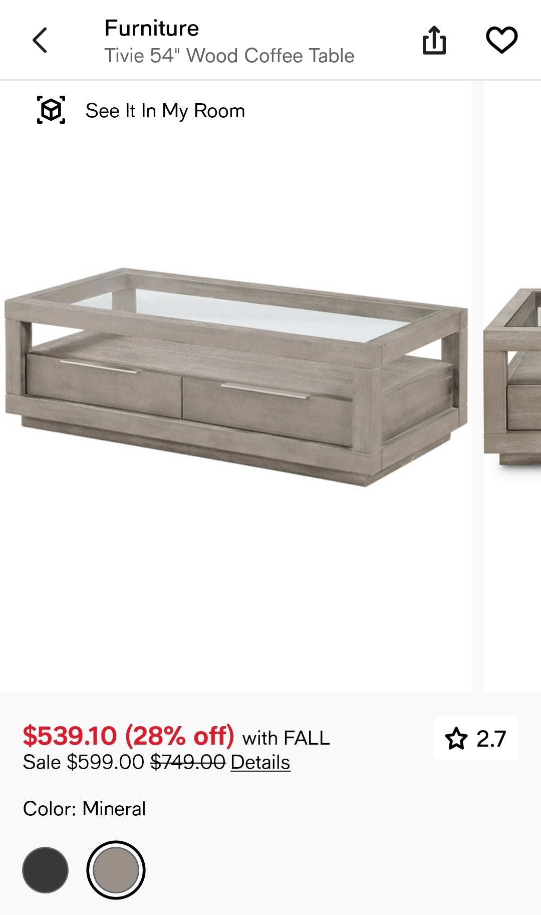 Tivie 54" Wood Coffee Table (Mineral)