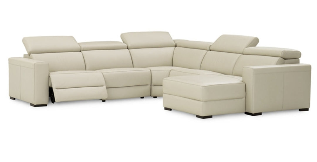 Nevio Leather Power Reclining Sectional Sofa with Articulating Headrests (Argento Stone Ivory)