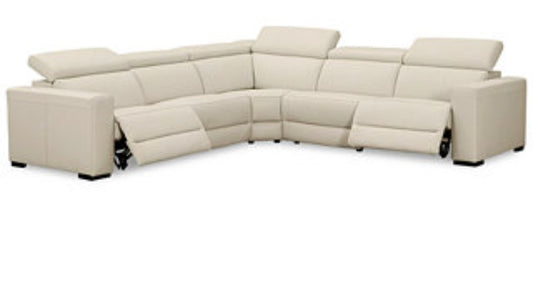 Nevio 5-Pc. Leather "L" Shaped Sectional with 3 Power Recliners with Articulating Headrests, Argento Stone Ivory