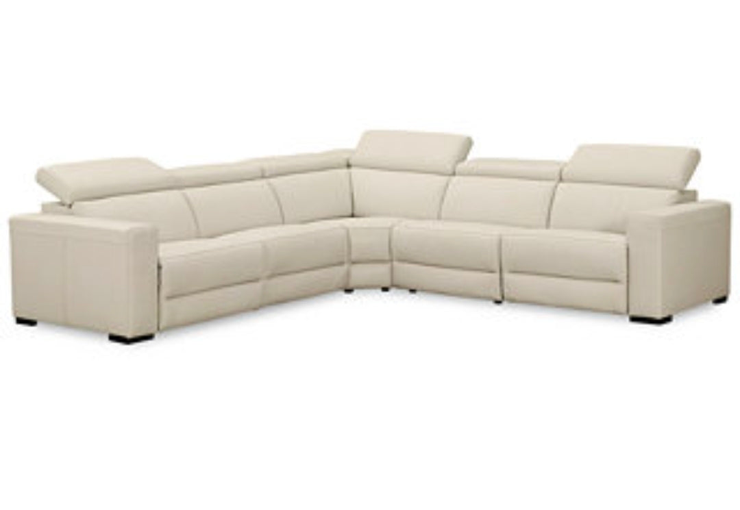 Nevio 5-Pc. Leather "L" Shaped Sectional with 3 Power Recliners with Articulating Headrests, Argento Stone Ivory