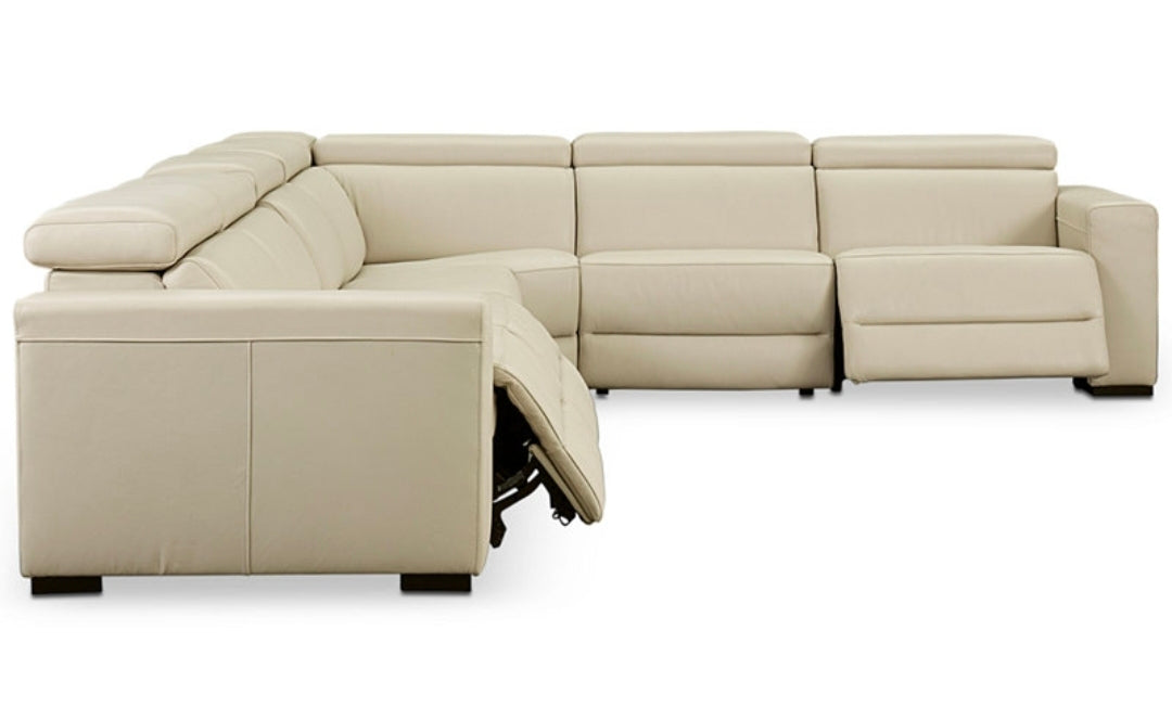 Nevio 6-pc Leather "L" Shaped Sectional Sofa with 3 Power Recliners and Articulating Headrests (Argento Stone)
