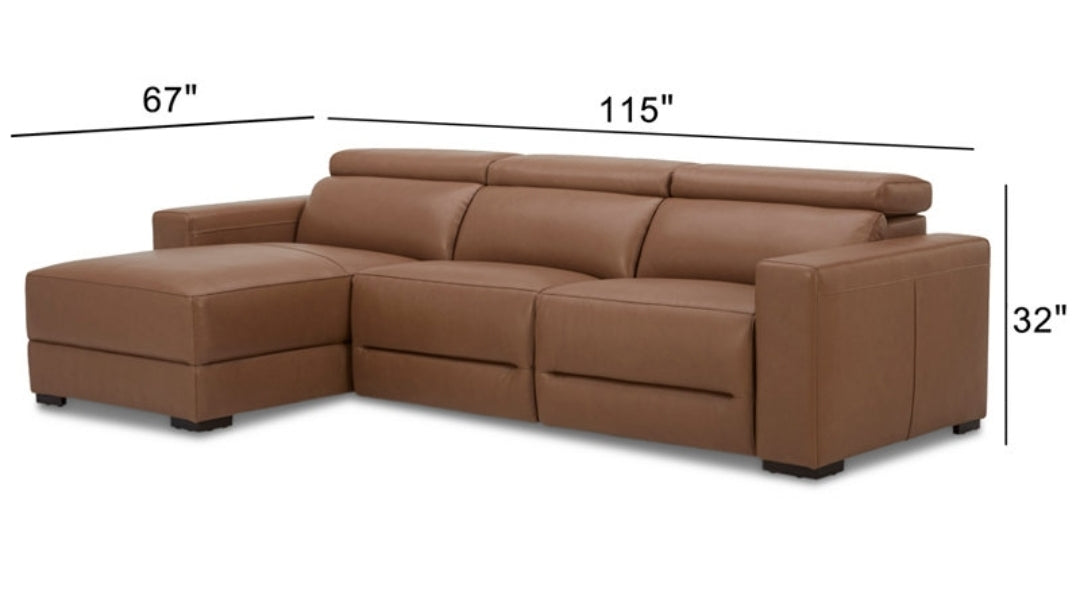 Nevio 115" 3-Pc. Leather Sectional with 1 power recliner (Butternut)