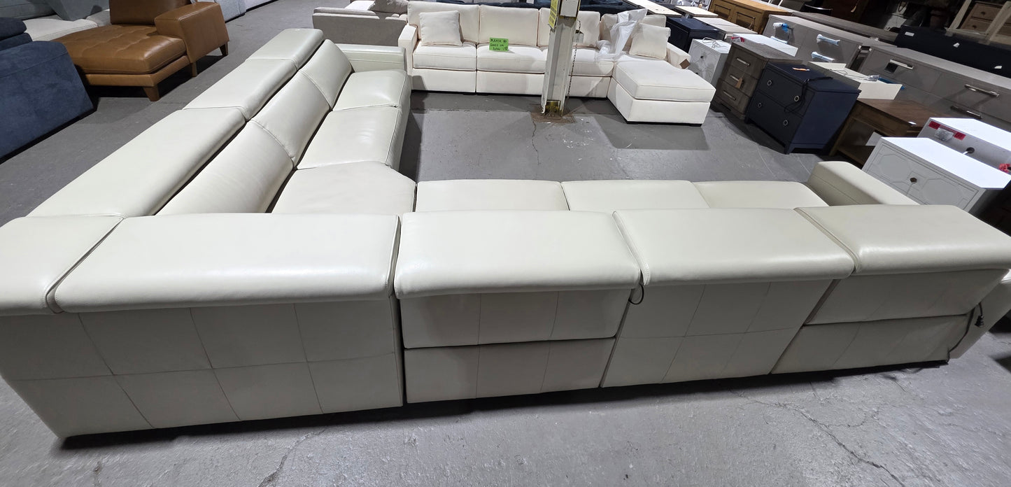 Nevio 6-pc Leather "L" Shaped Sectional Sofa with 3 Power Recliners and Articulating Headrests (Argento Stone)
