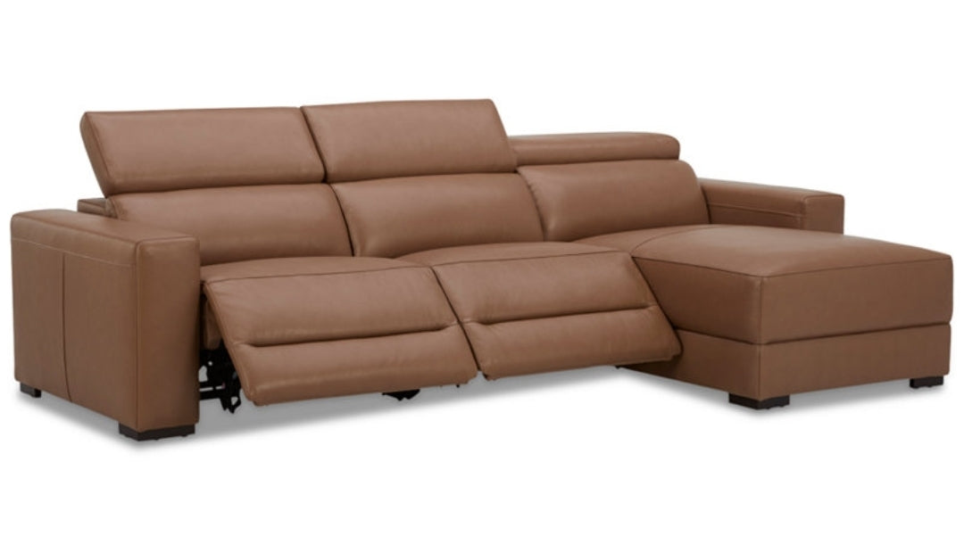 Nevio 115" 3-Pc. Leather Sectional with 1 power recliner (Butternut)