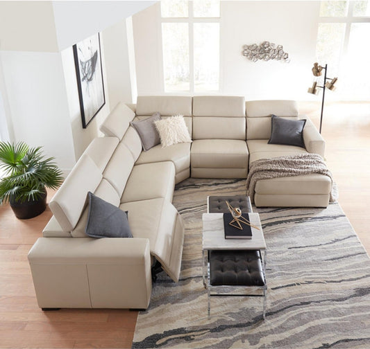 Nevio Leather Power Reclining Sectional Sofa with Articulating Headrests (Argento Stone Ivory)