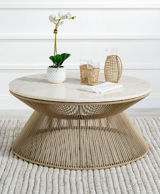 Biscayne 38" Wood With Travertine Insert Rope Cocktail Table