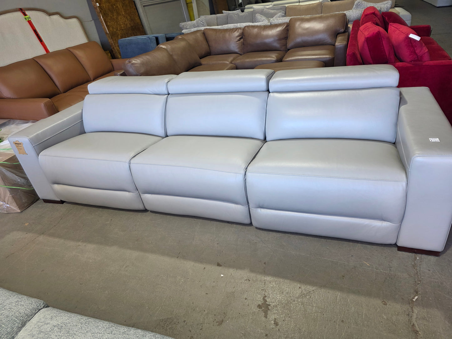 Nevio 116" 3-pc Leather Sectional Sofa, 2 Power Recliners and Articulating Headrests (Ash Grey)