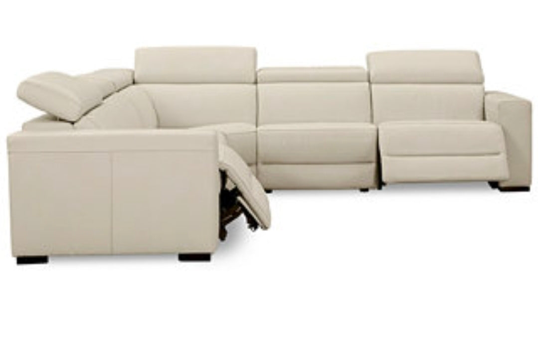 Nevio 5-Pc. Leather "L" Shaped Sectional with 3 Power Recliners with Articulating Headrests, Argento Stone Ivory