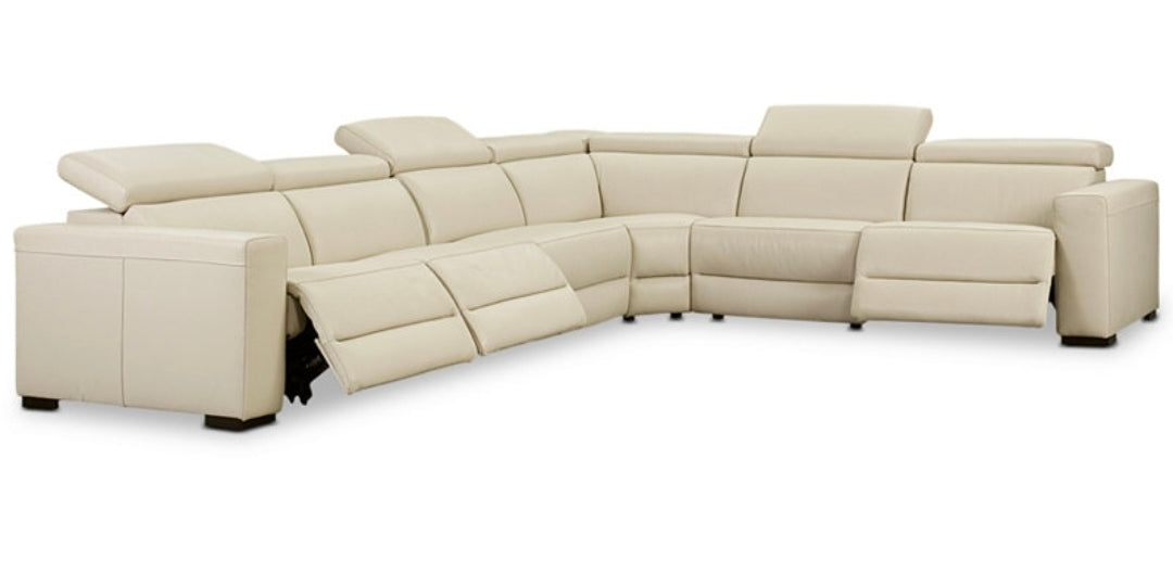 Nevio 6-pc Leather "L" Shaped Sectional Sofa with 3 Power Recliners and Articulating Headrests (Argento Stone)