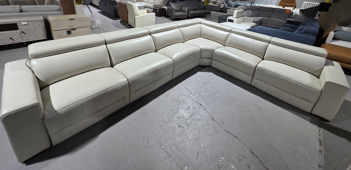 Nevio 6-pc Leather "L" Shaped Sectional Sofa with 3 Power Recliners and Articulating Headrests (Argento Stone)