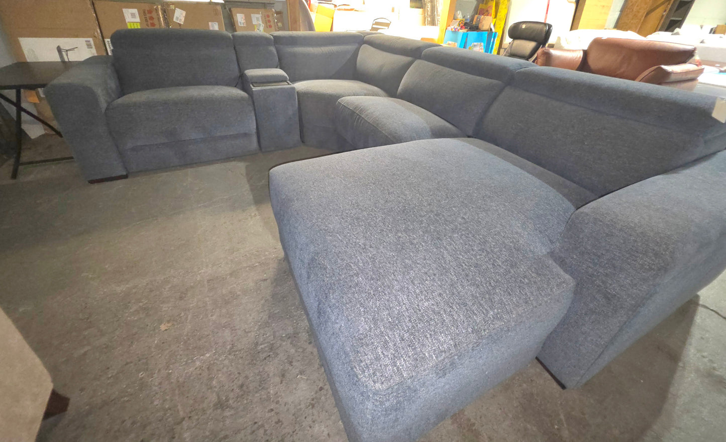 Nevio 4-Pc. Fabric Power Headrest Sectional and Chaise with 3 Power Motion Chairs (Midnight)