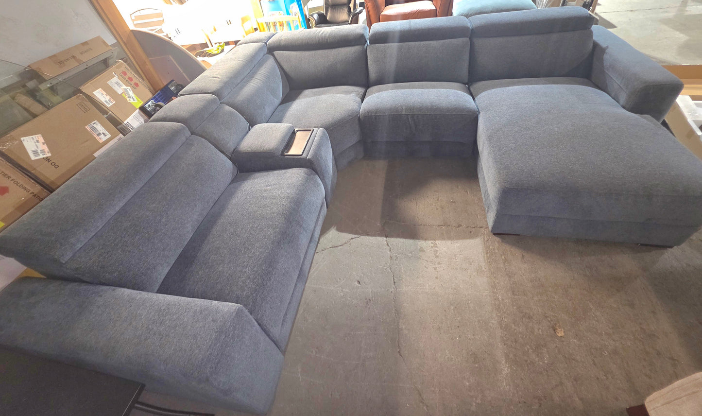 Nevio 4-Pc. Fabric Power Headrest Sectional and Chaise with 3 Power Motion Chairs (Midnight)