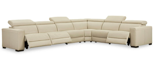 Nevio 6-pc Leather "L" Shaped Sectional Sofa with 3 Power Recliners and Articulating Headrests (Argento Stone)