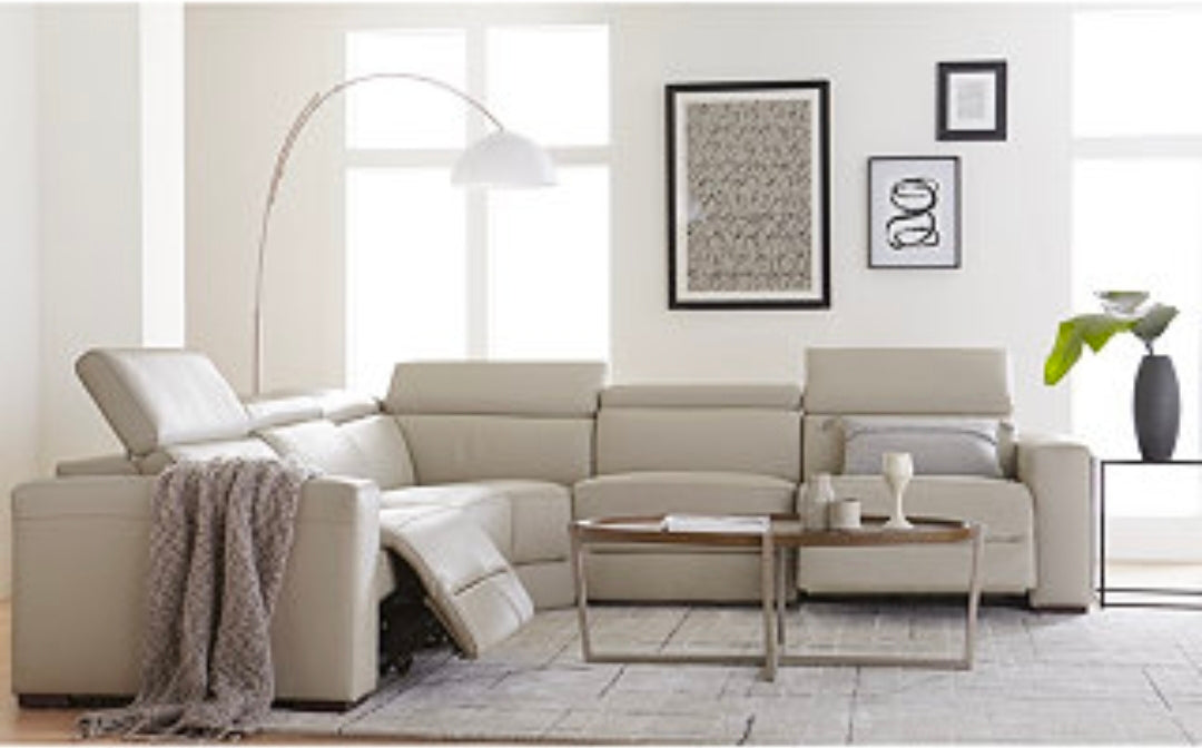 Nevio 5-Pc. Leather "L" Shaped Sectional with 3 Power Recliners with Articulating Headrests, Argento Stone Ivory
