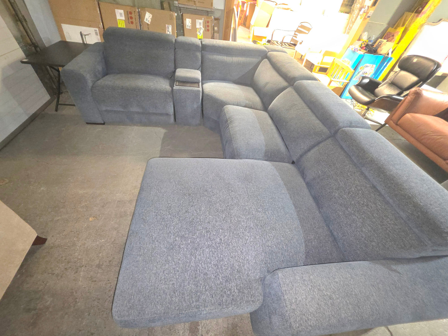 Nevio 4-Pc. Fabric Power Headrest Sectional and Chaise with 3 Power Motion Chairs (Midnight)